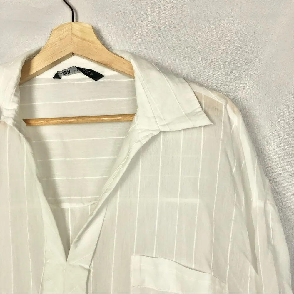 Zara White Pin Stipe Relaxed Fit Boyfriend Long Sleeve Blouse M - Image 22