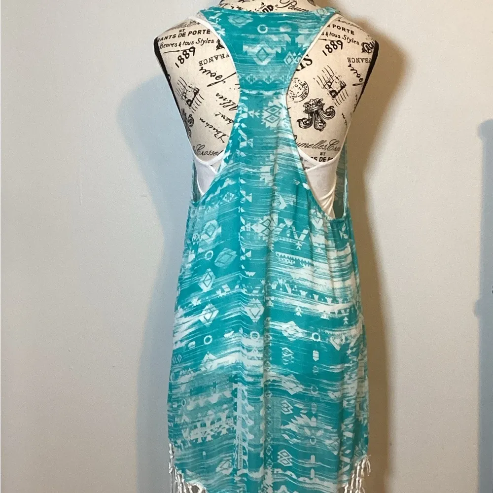FRANCESCA SWIMSUIT BEACH COVERUP TURQUOISE & WHITE w/CROCHETED WHITE FRINGE Size S/M - Image 7