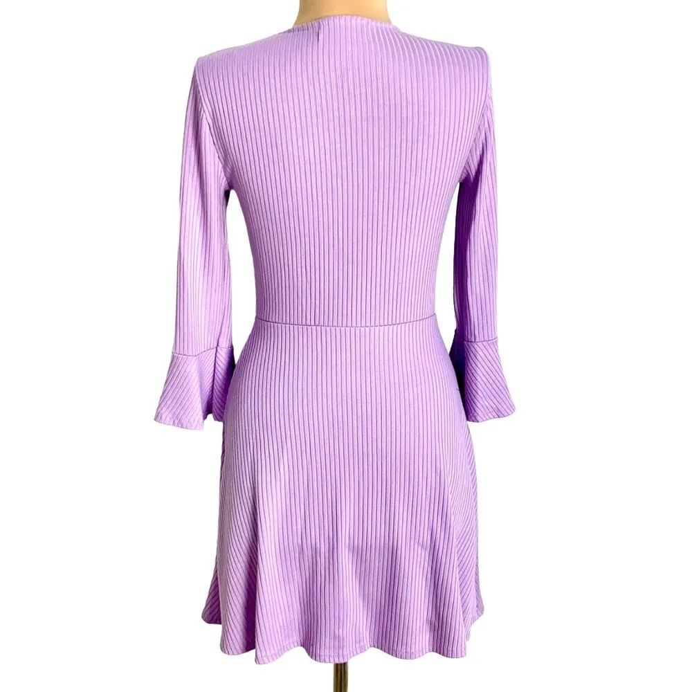 Urban Outfitters Lilac Ribbed  Skater Dress Fluted Bell 3/4 Sleeve Fit & Flare - Image 6