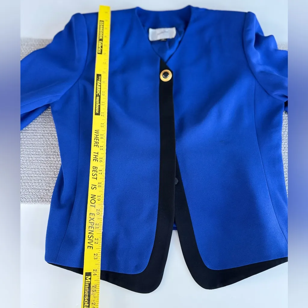 Vintage Jacqueline Ferrar Cobalt Blue Black Blazer Jacket Shoulder Pads 14 Pet Size 14P - Image 9