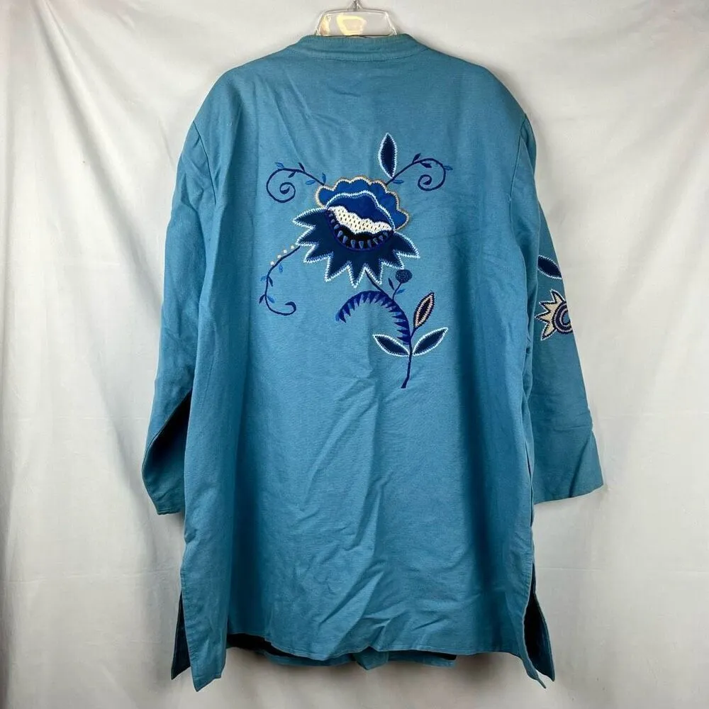 Indigo Moon Floral Button Up Long Jacket 3X Blue - Image 7