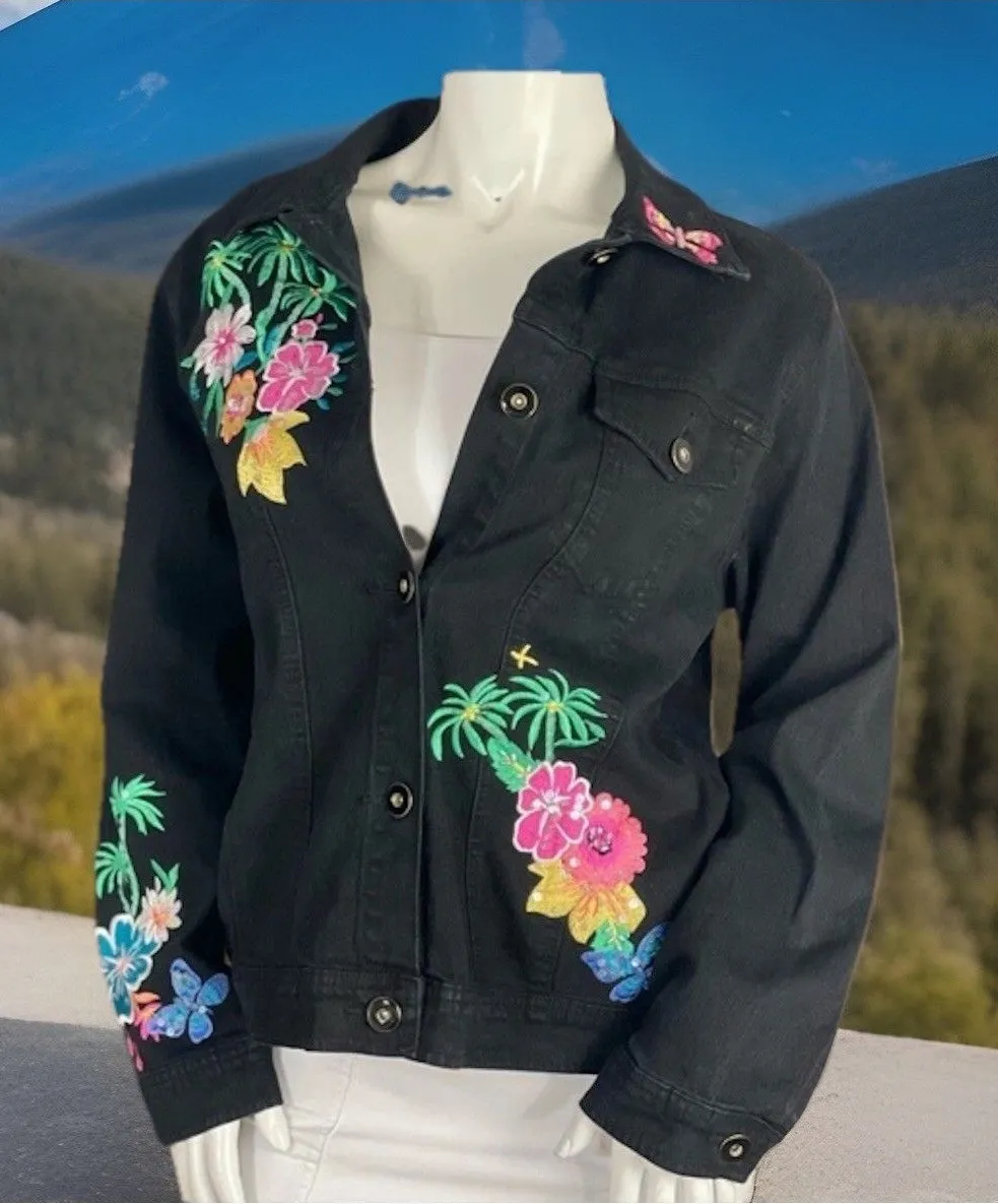 Y2K DG2 by Diane Gilman DenimJacket M Embroidered FloralTropical Bright Cottage - Image 1
