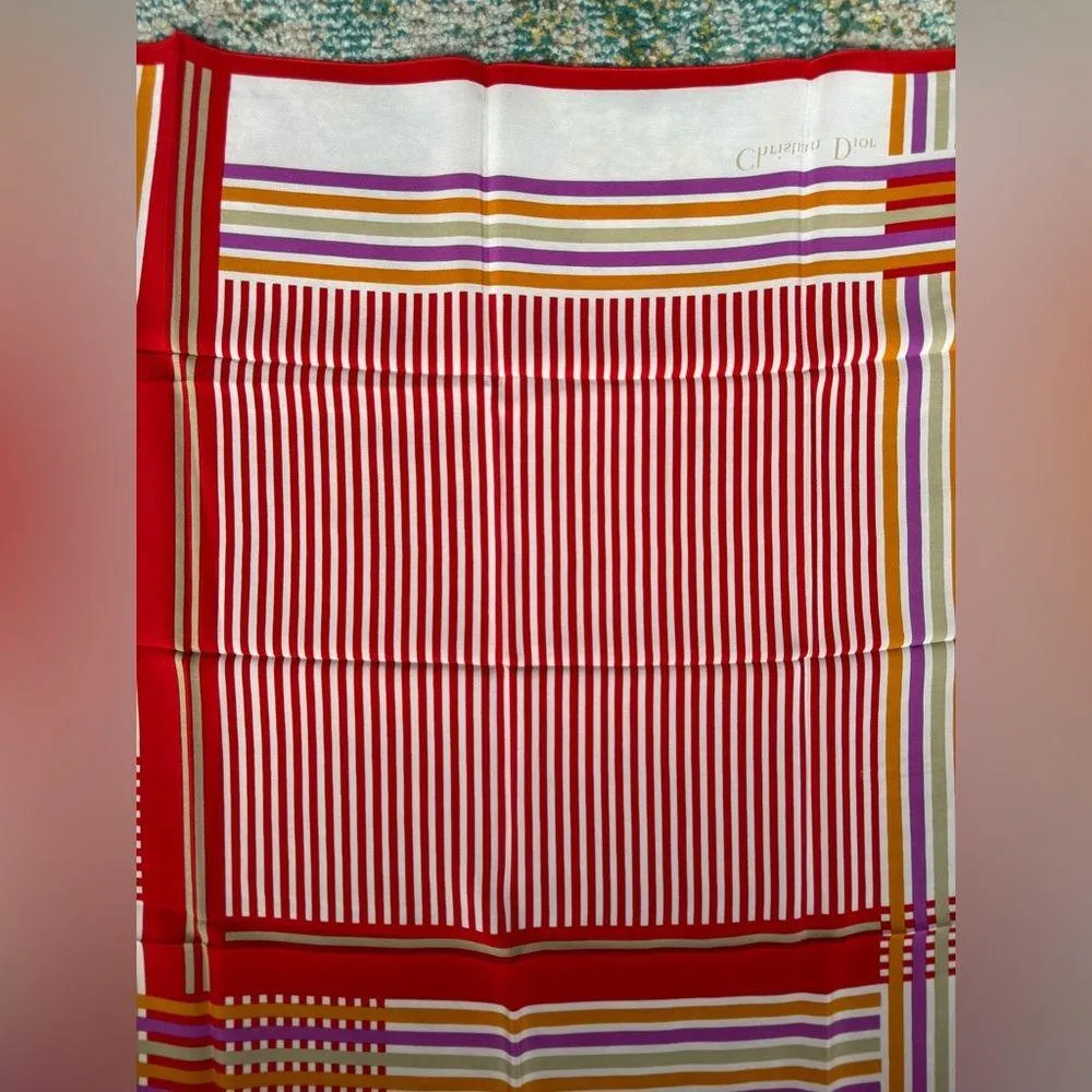 Vintage NOS Christian Dior medium red colorful striped silk square scarf - Image 9