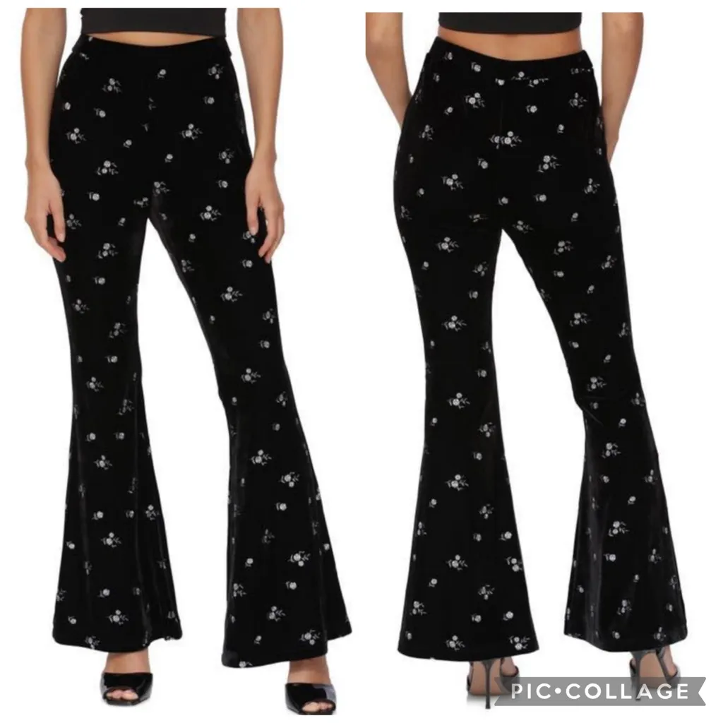 Avec Les‎ Filles Floral Embroidered Velvet Flare Pants Black Silver S - Image 2