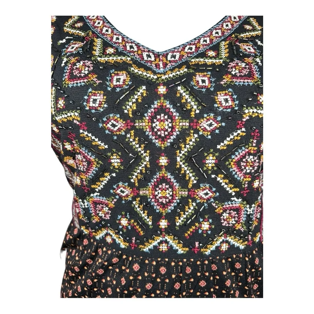 Style & Co Black Brown Boho Embroidered Beaded Floral Nylon Mesh Tiered Dress PL - Image 7