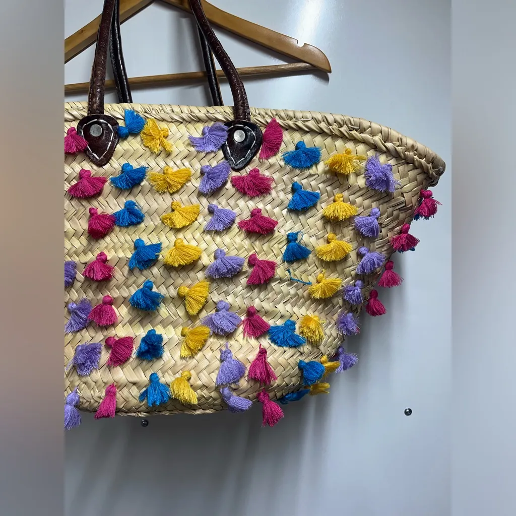Soeur DU Marco straw tote travel beach bag neutral colorful tassles Tan - Image 5
