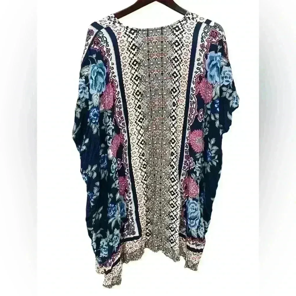 Womens Boho Long Floral Kimono Large‎ Bohemian Lightweight Cottagecore Festival Blue - Image 5