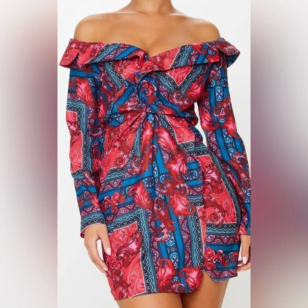 PrettyLittleThing Multi Paisley Bardot Knot Detail Blazer Dress NWT - Image 4