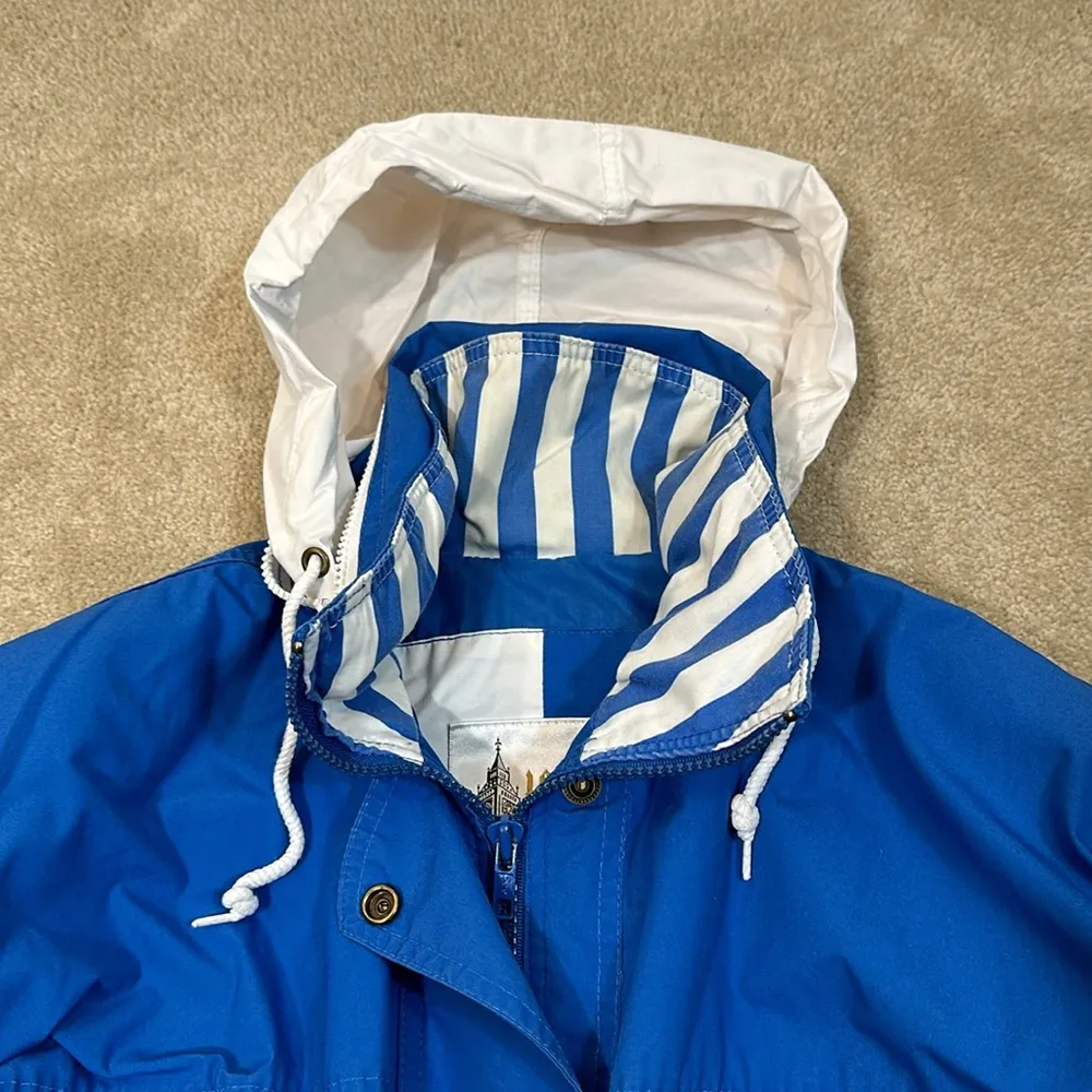 London Fog Vintage Blue White Striped Boxy Rain Jacket Coat Women Size XS Petite - Image 6