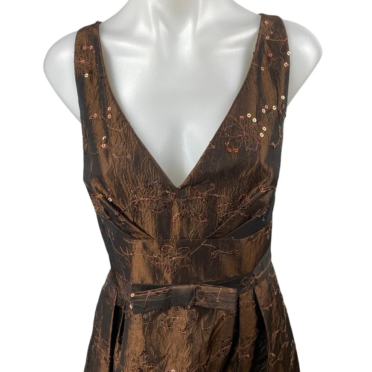 JS Collection Brown Satin Sequin Floral Embroidered Sleeveless Flare Dress 10 - Image 3