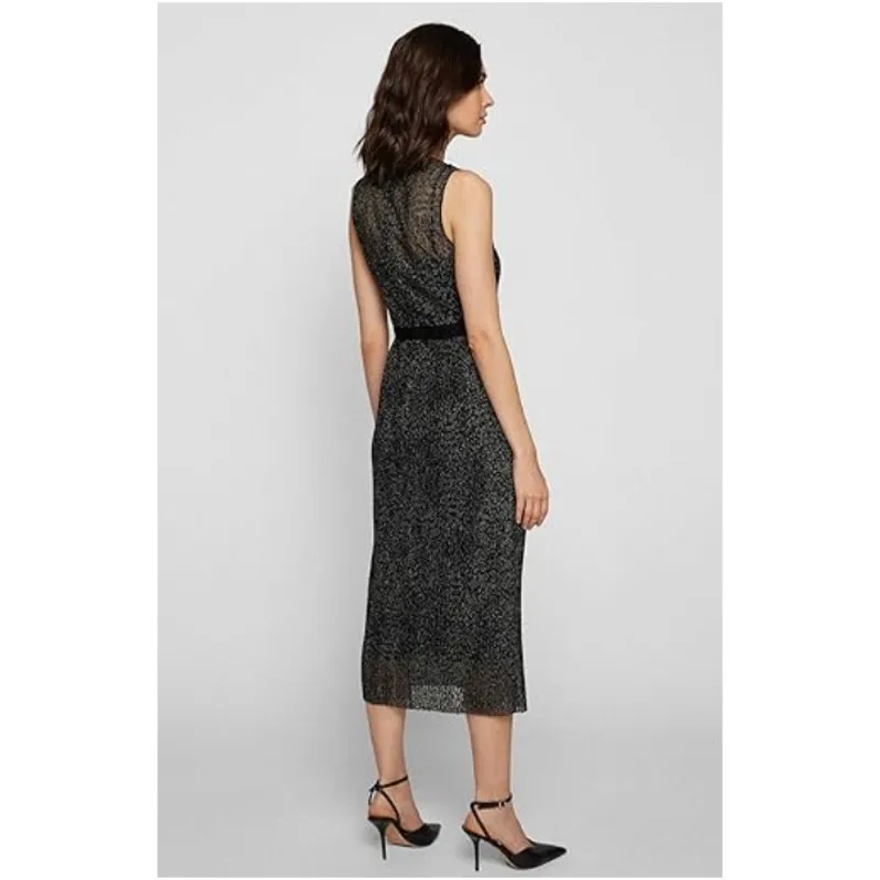 Hugo Boss Delyra Dress Women 6 Black Metallic Sleeveless Romantic Evening Midi - Image 3