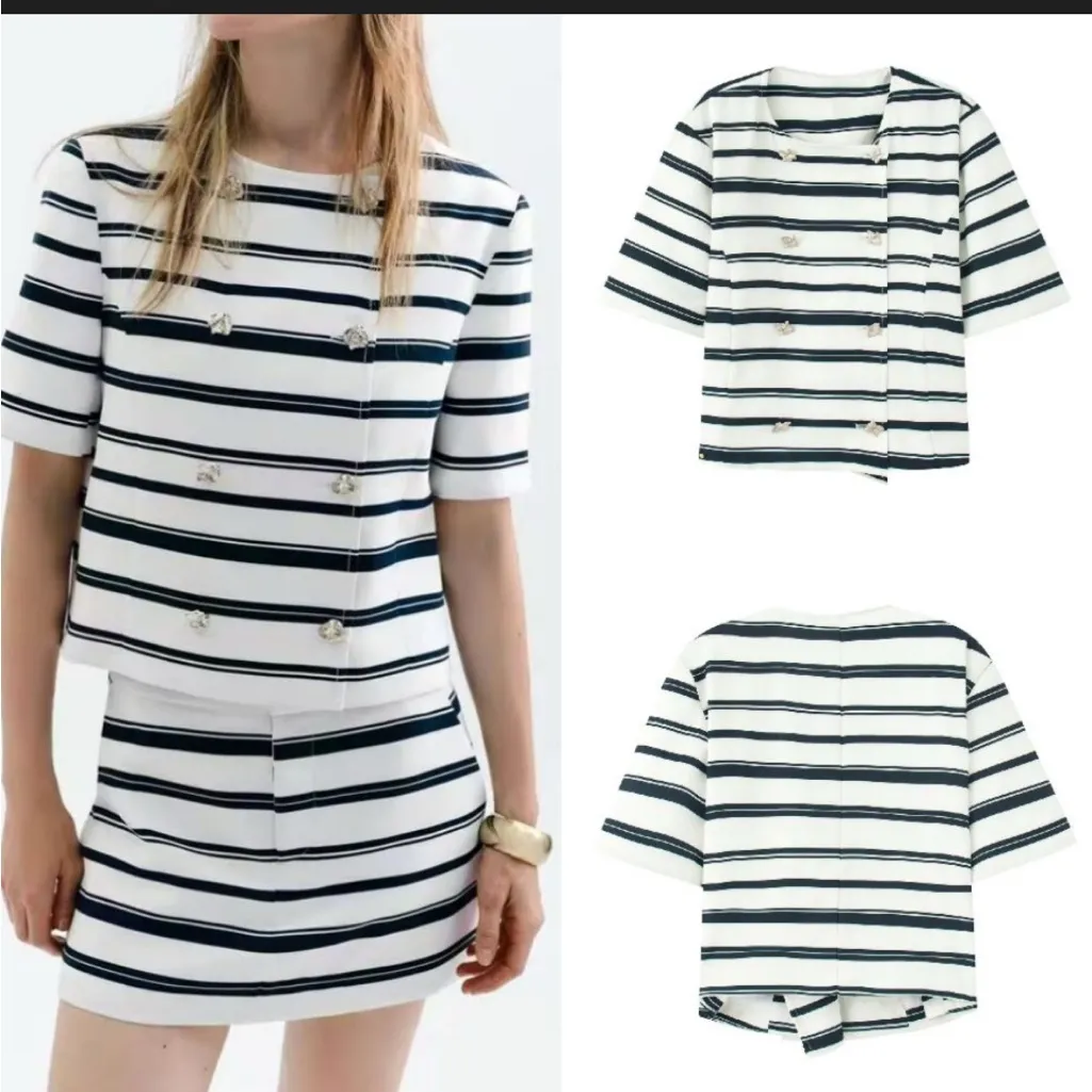 Zara striped top with gold buttons - Image 2