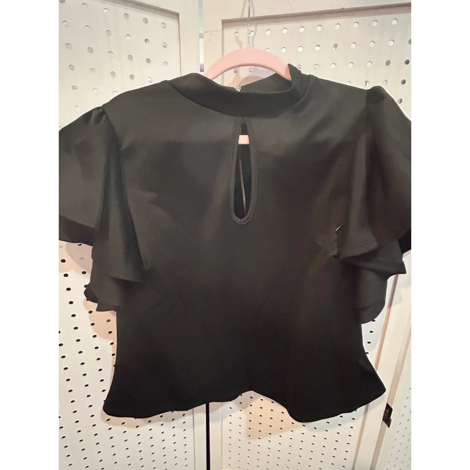 Black‎ Mock Neck Ruffle Sleeve Keyhole Zipper Back Peplum Top - Image 2
