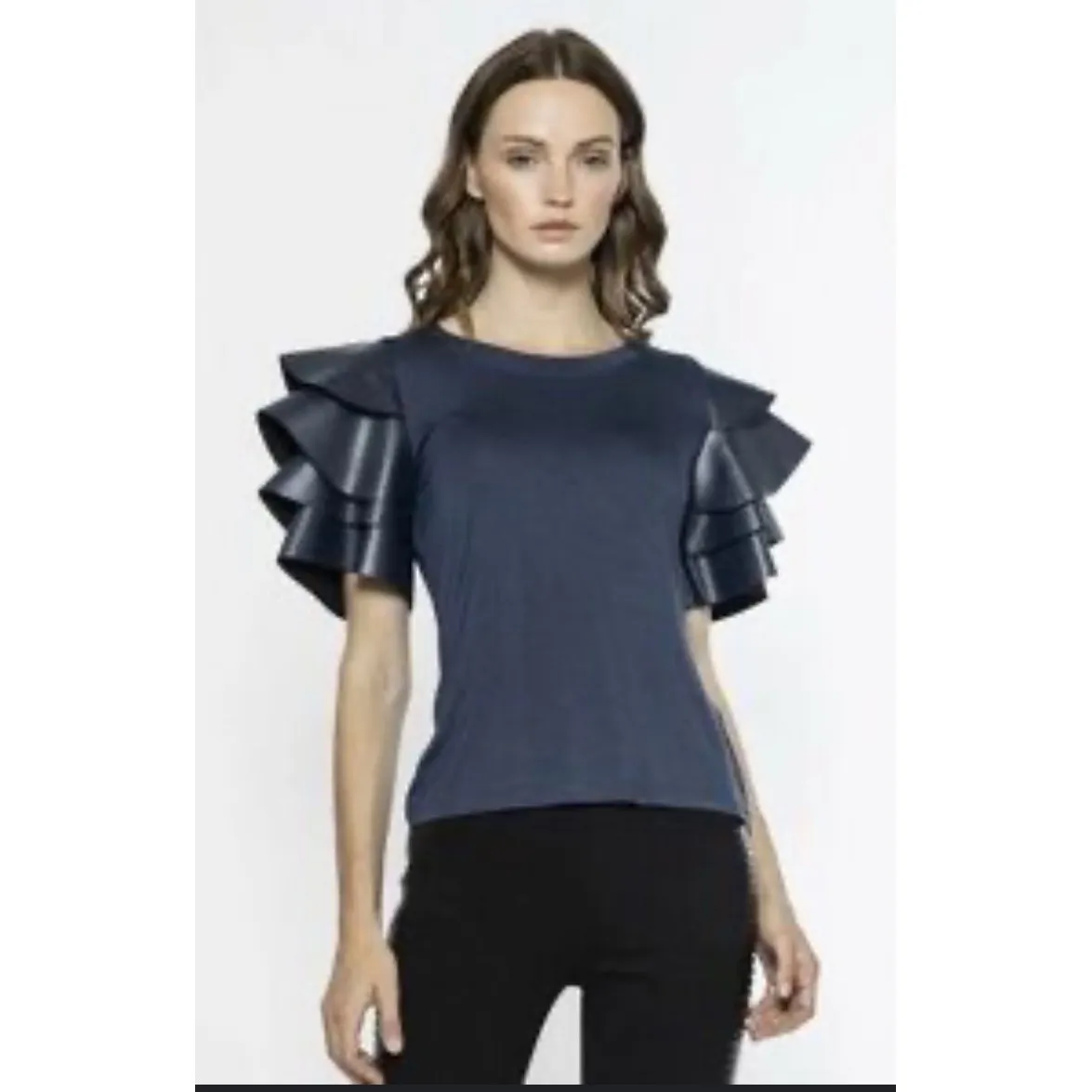 Gracia Top Navy Blue Faux Leather Ruffle Sleeve Crew Neck Short‎ Sleeve XL - Image 2