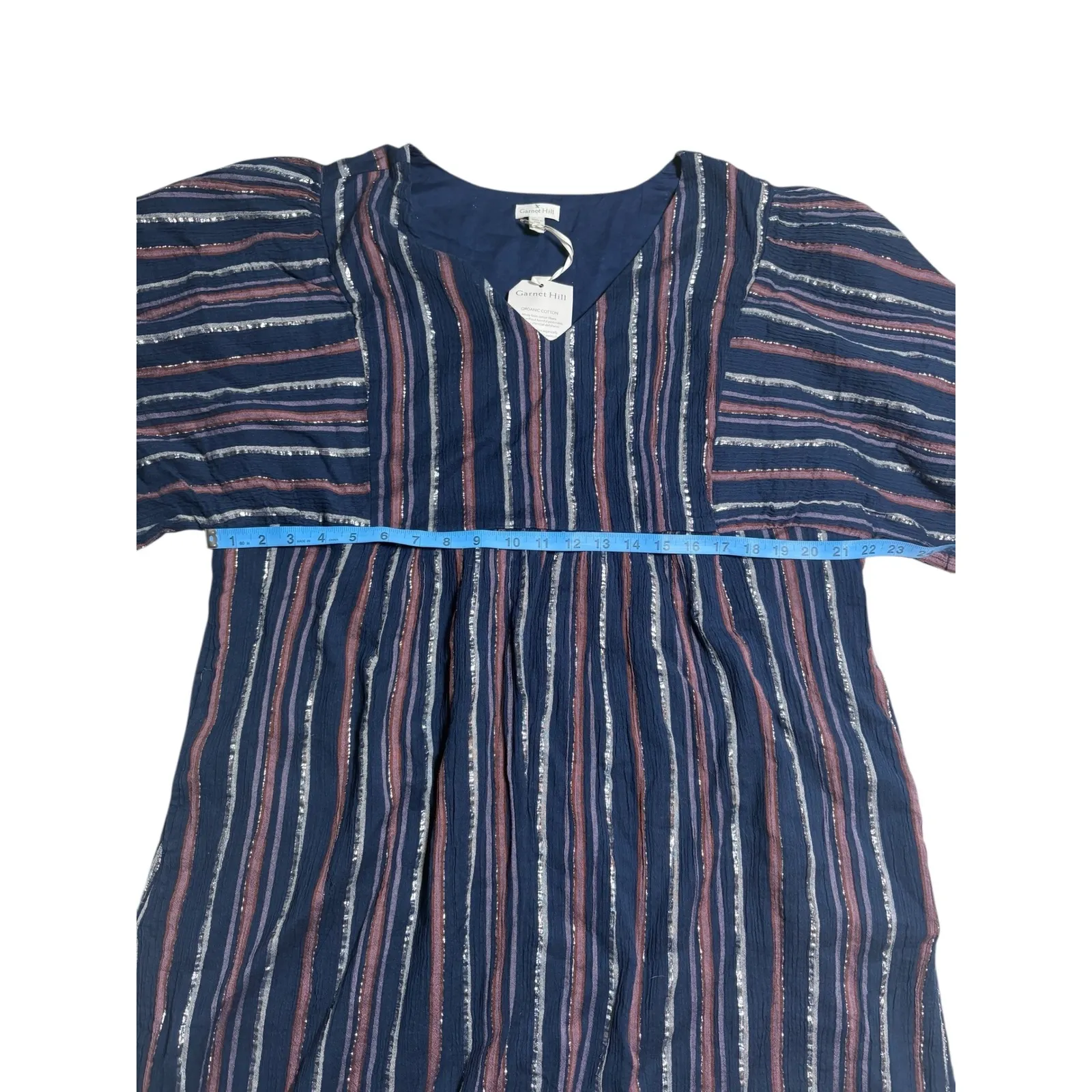 Garnet‎ Hill NWT Lola Shimmering Organic Striped V Neck Flutter Sleeve Dress XL - Image 5
