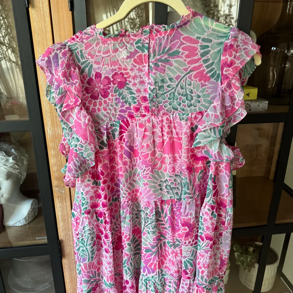 Aura floral smocked dress mini colorful chiffon flutter ruffle short sleeve - Image 4