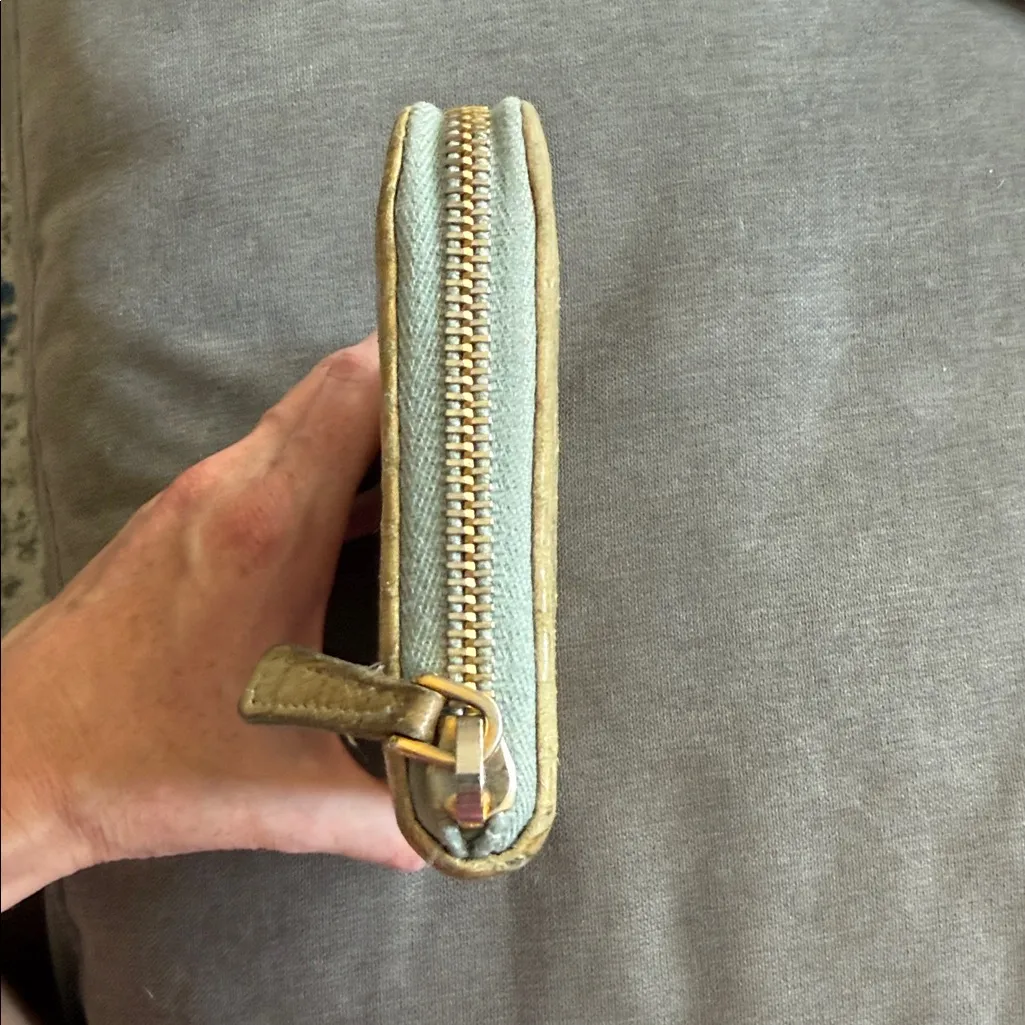 Miu Miu Metallic Gold Croc-Embossed Wallet with light blue interior. - Image 8