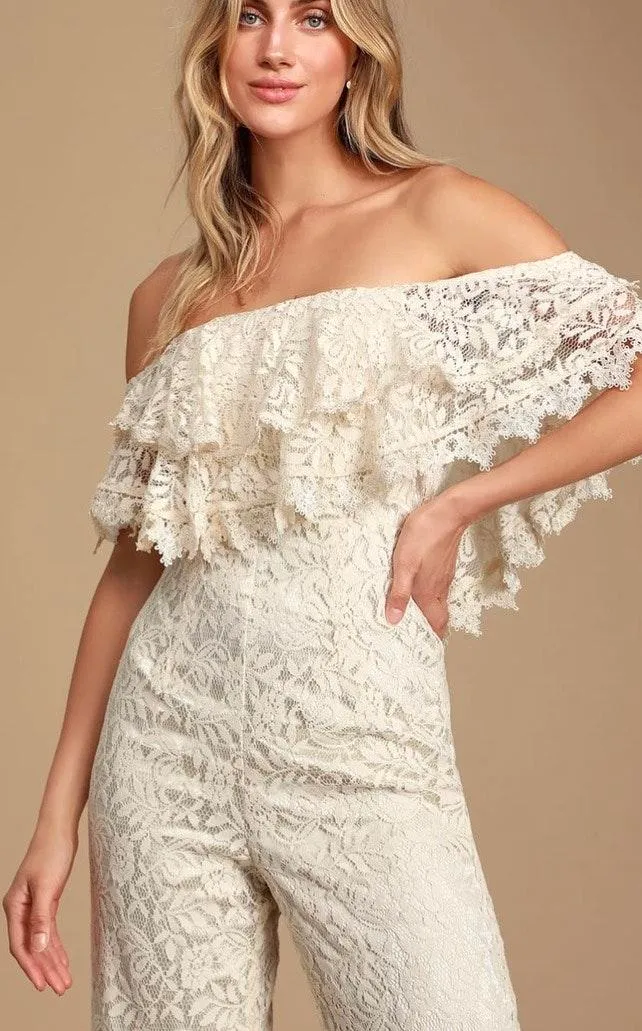 Lulus NWT  Cream Off The Shoulder Lace Jumpsuit - Image 3