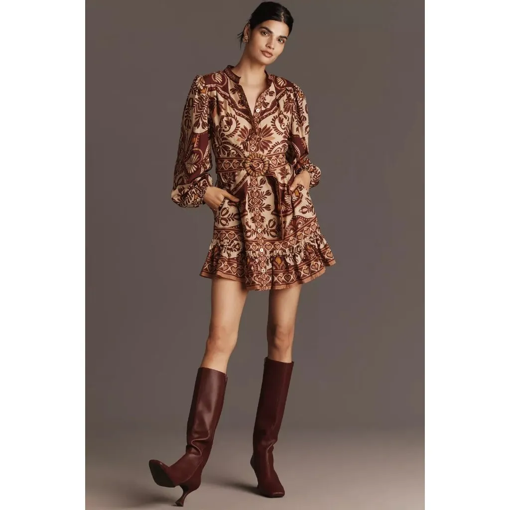 NWT Farm Rio x Anthropologie Long Puff Sleeve Belted Mini Swing Shirt Dress S - Image 10