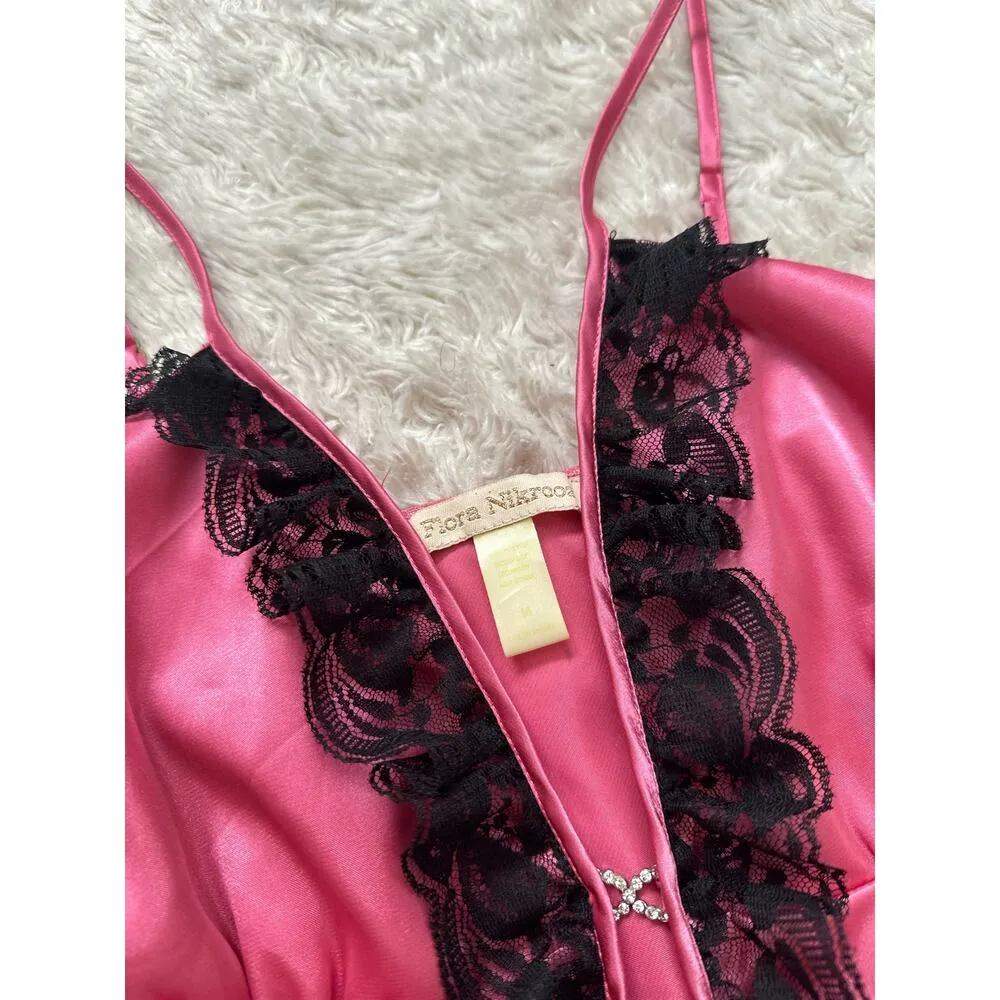 Vintage Flora Nikrooz Pink Satin Black Lace Rhinestone Mini Slip Dress Chemise - Image 5