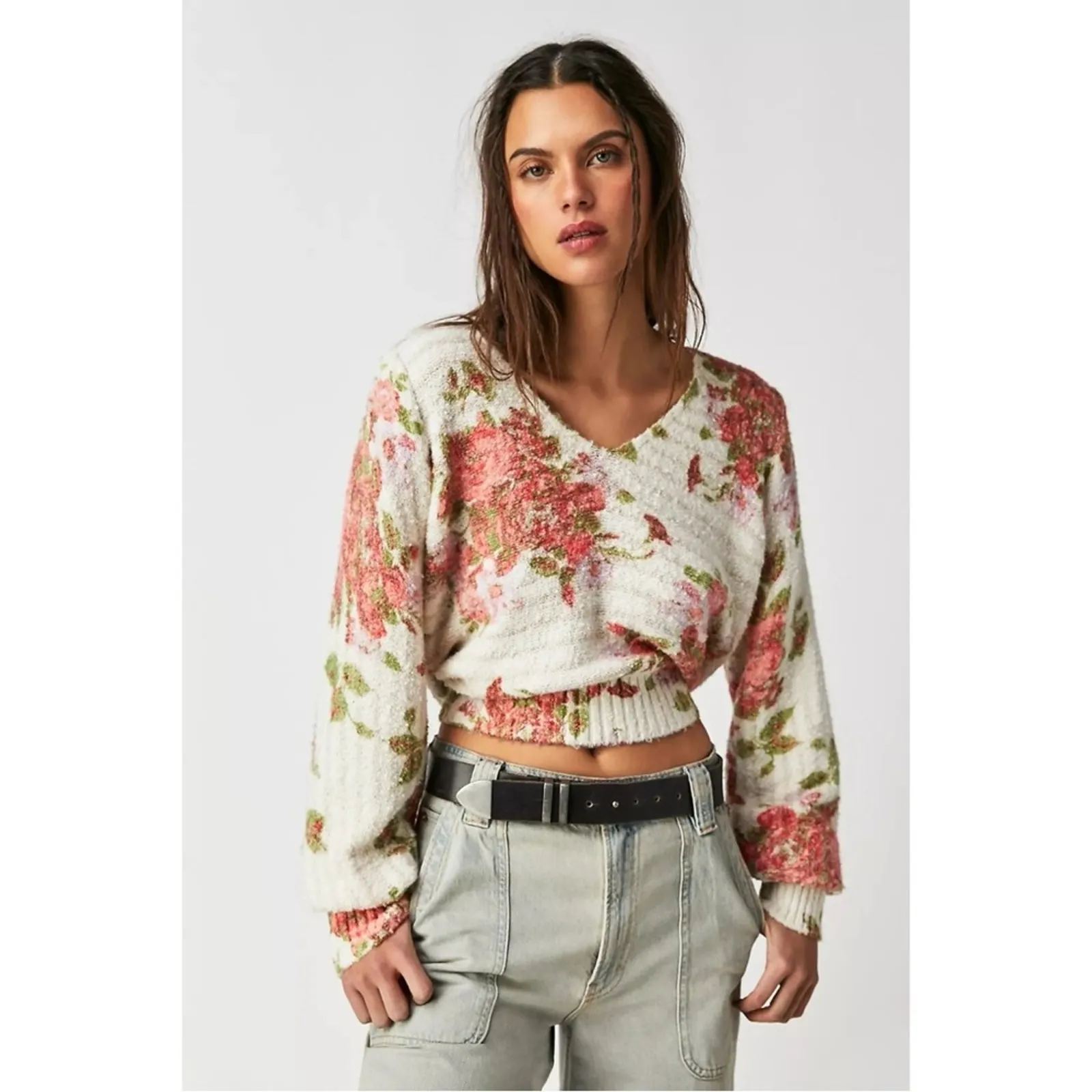 Free People Bed Of Roses Sweater Dainty Cottage Floral V Neck Size Small - Image 5