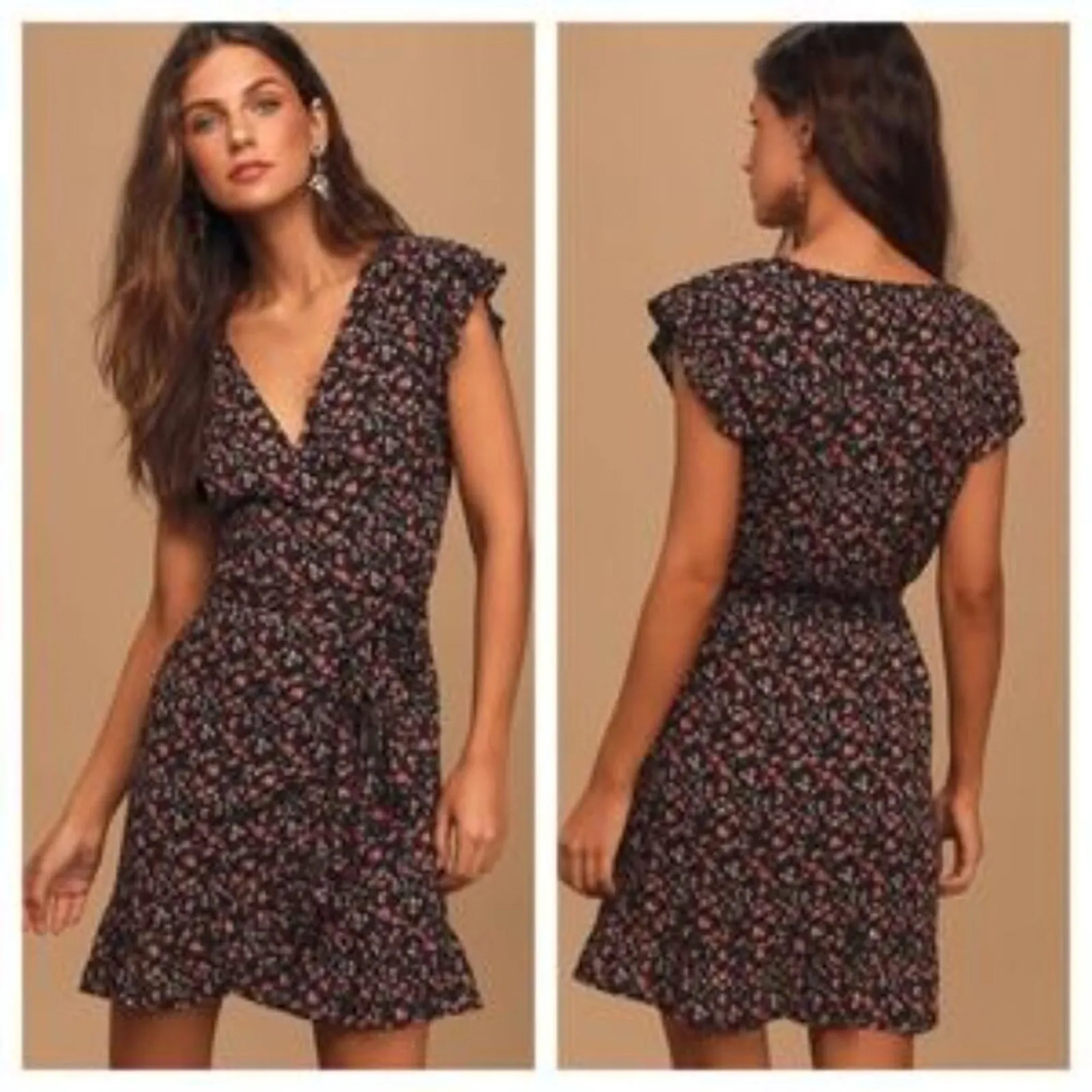 Lulus A Beauty Downtown Black Floral Print Wrap Mini Dress Spring Size Small - Image 10