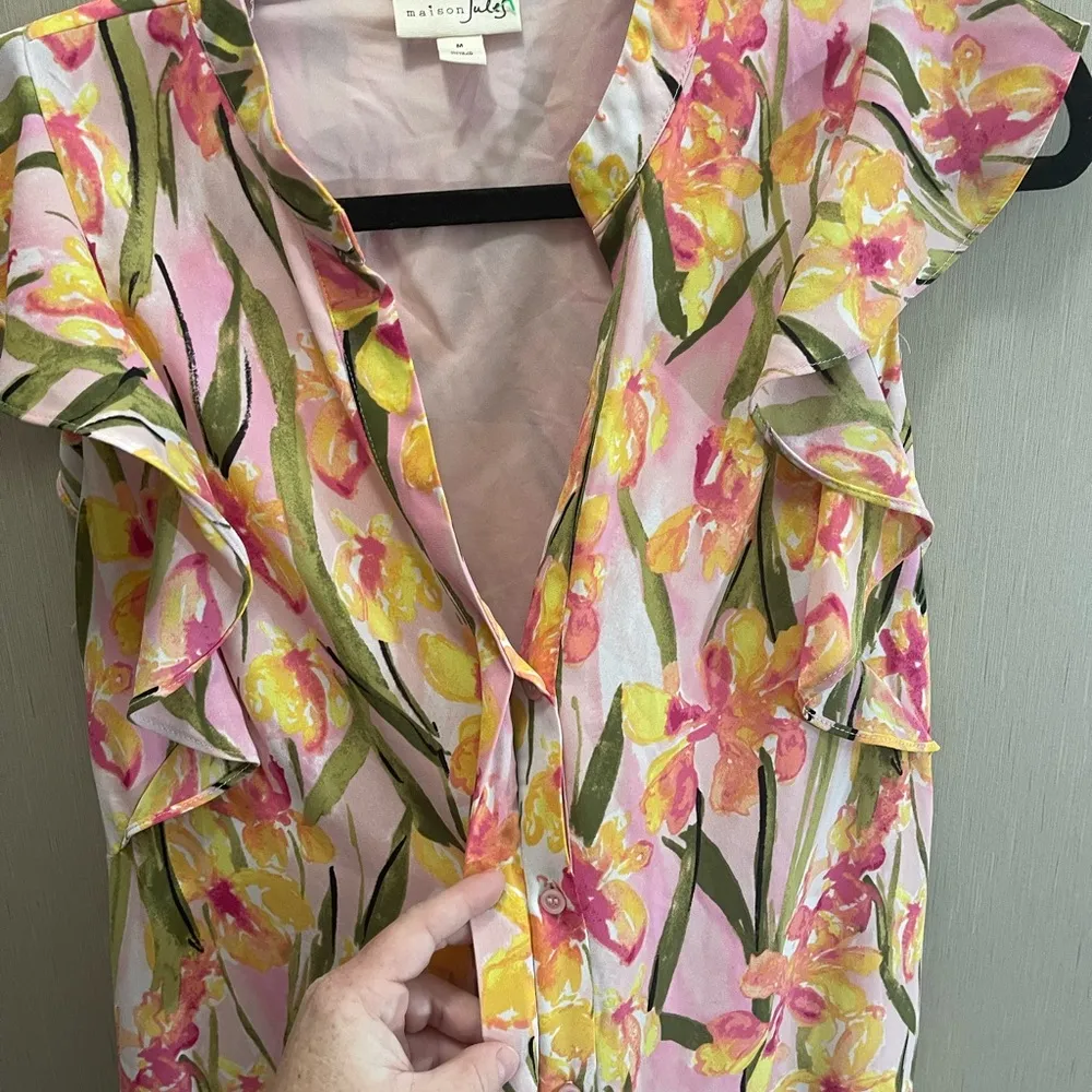 Madison Jules medium Floral Pink Sleeveless ruffle Dress button down spring - Image 3