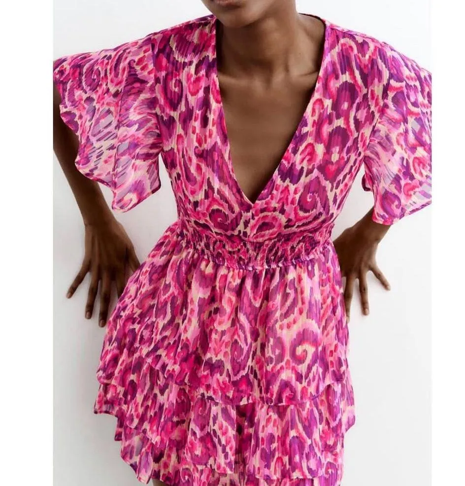 EUC Zara Vibrant Printed Metallic Pink Purple Patterned Tiered Mini Dress Sz XL - Image 3