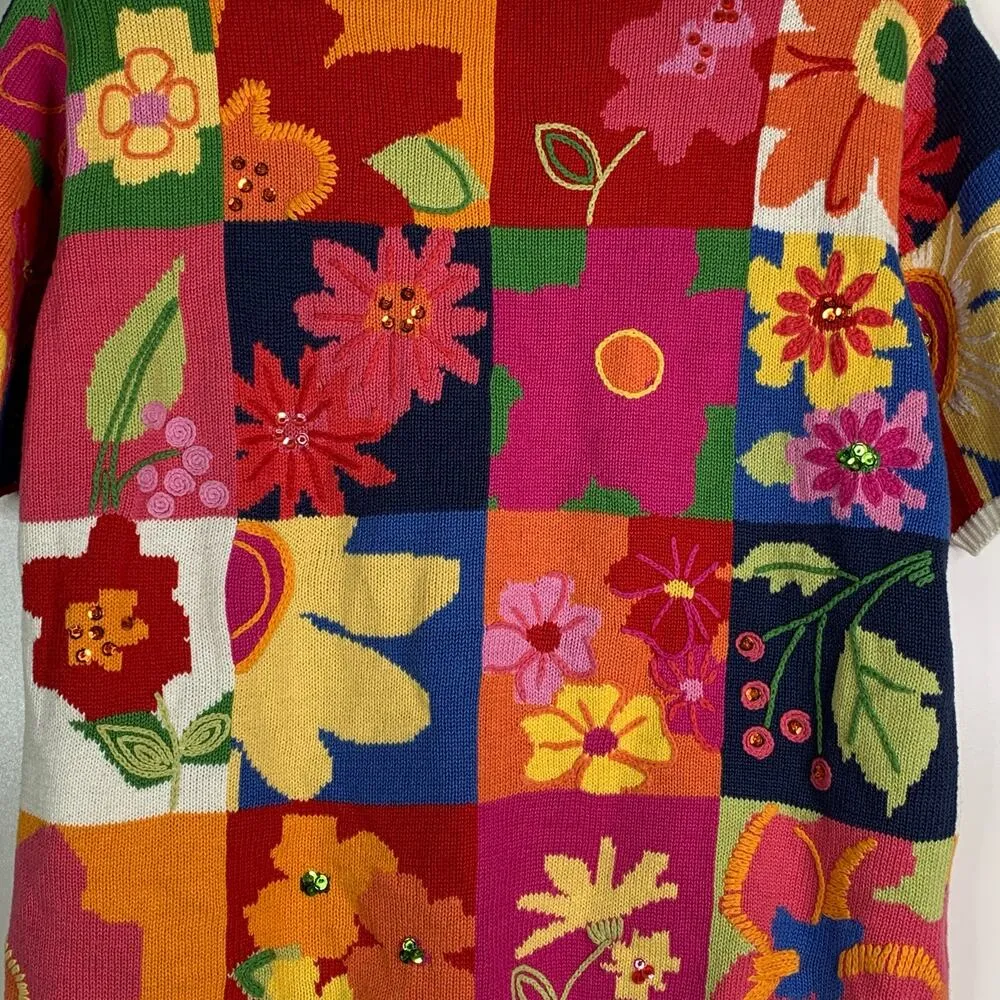 Vtg 90's Knit Top Short Sleeve Sweater Shirt Floral Embroidered Flowers Sz Large - Image 4