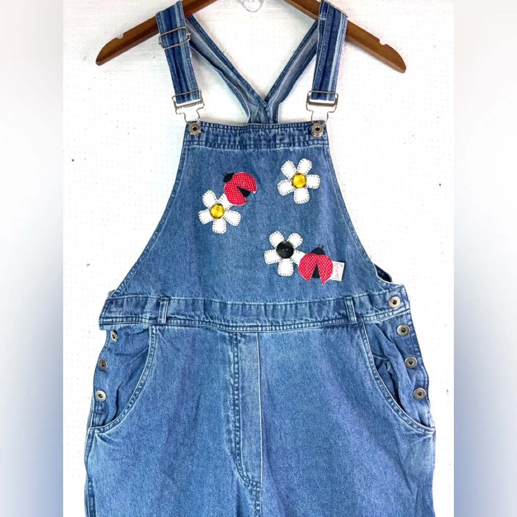 Vintage Beverly’s M Ladybug Embroidered Denim Overalls Gardening Country Cute Blue Size 10 - Image 4