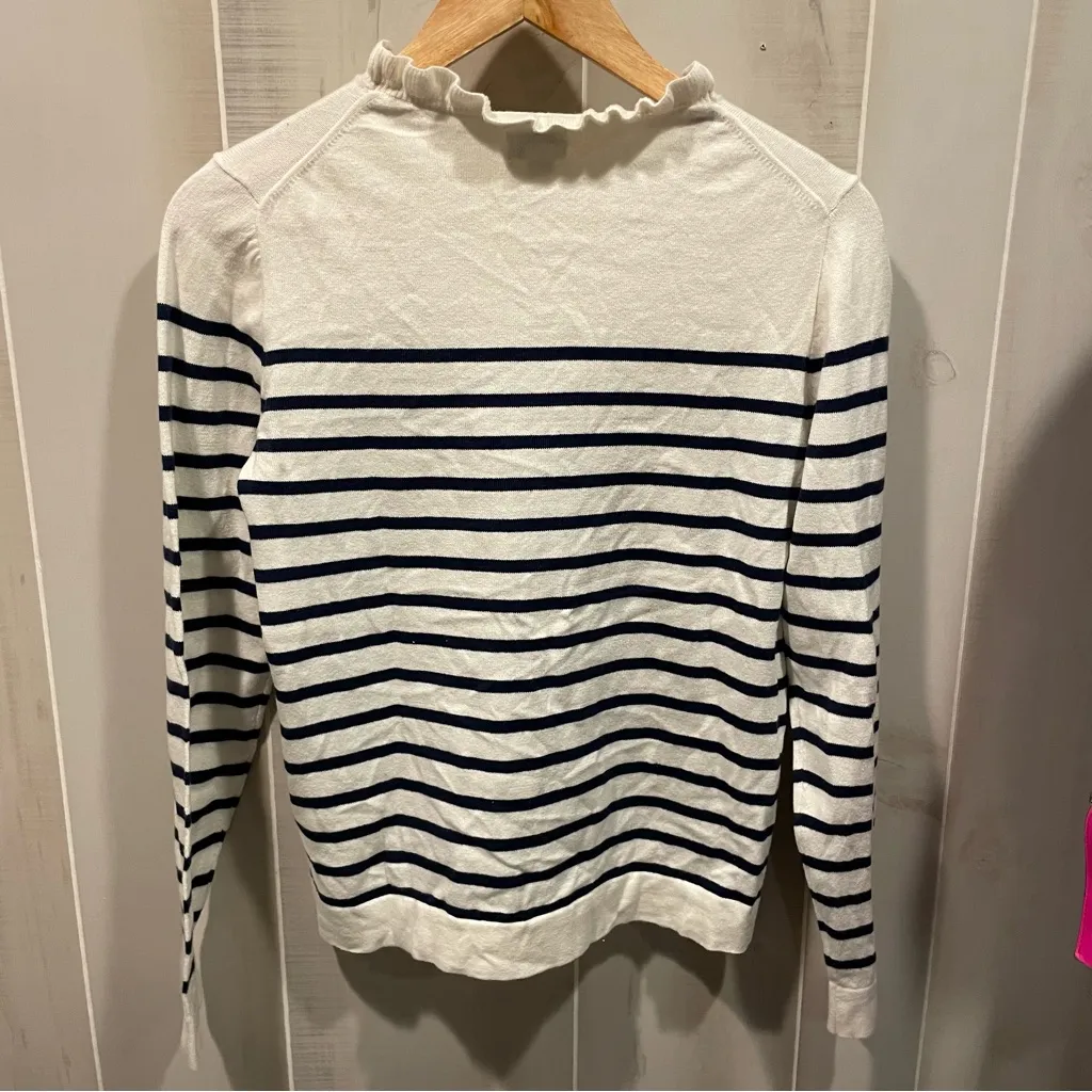 Cute J. Crew cream navy stripe ruffle collar cotton sweater preppy coastal beach - Image 8
