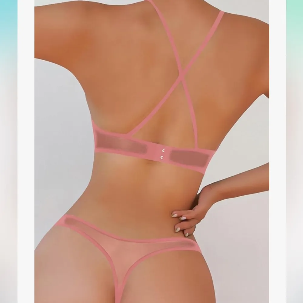 SOLY HUX Mesh Solid Sheer See Through Lingerie Set Sexy Lace Bra and Panty nwt Pink - Image 2