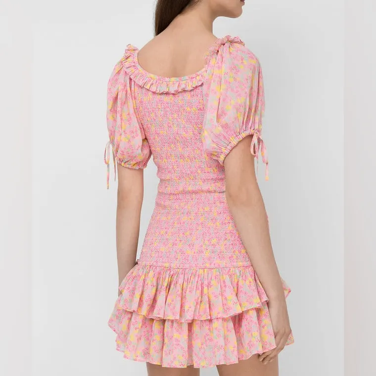 LoveShackFancy Pink Floral Puff Sleeve Mini Dress Sz M Smocked Romantic Cottage - Image 16