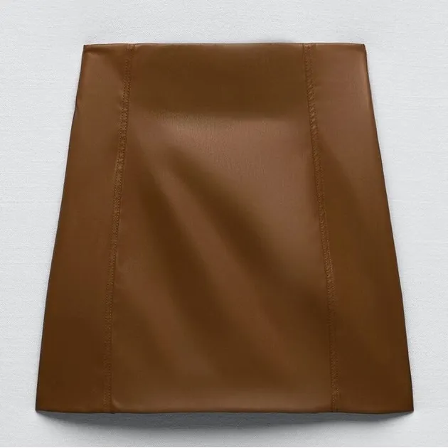 ZARA Brown Vegan Faux Leather Pronounced Seams High Waisted Mini Skirt Size‎ XXL - Image 4