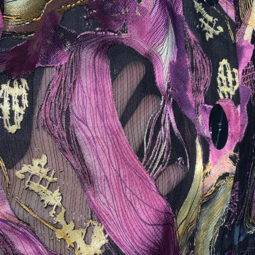 Draper’s & Damon’s Wine & Black Sheer Contemporary Groovy Retro Button Blouse S - Image 4