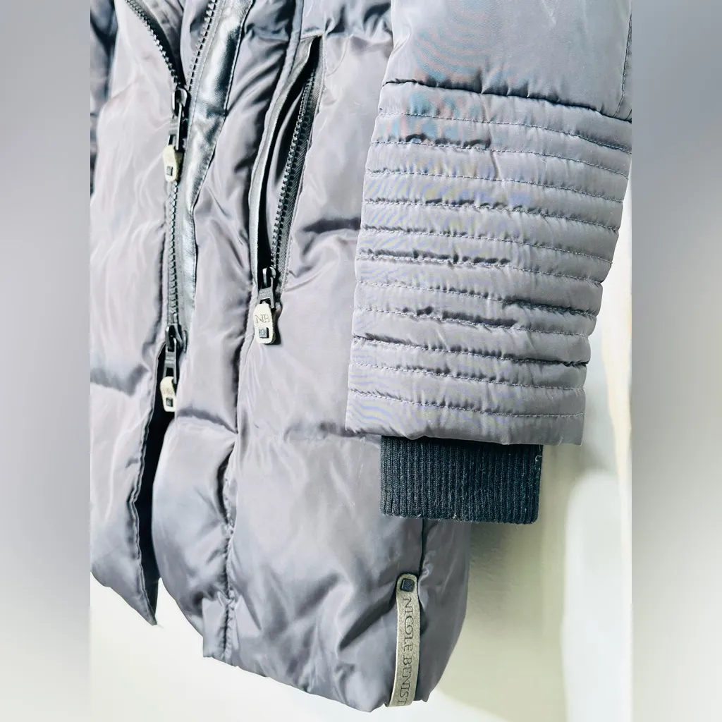 Nicole Benisti Grey Feather Trim Hooded Down Filled Jacket Coat Gray Size XS - Image 8