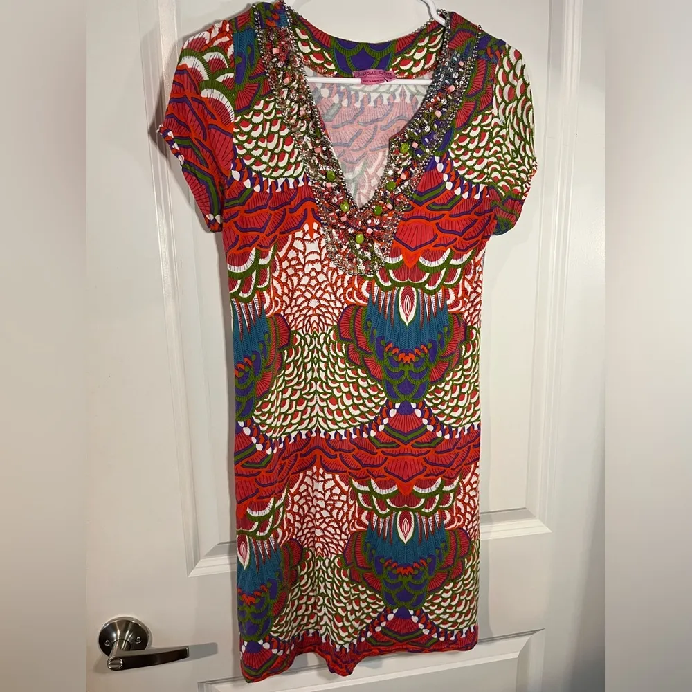 Joyous & Free Cap Sleeve Midi Dress Medallion Boho Beaded Sequins Rocks Sz Small Red - Image 4