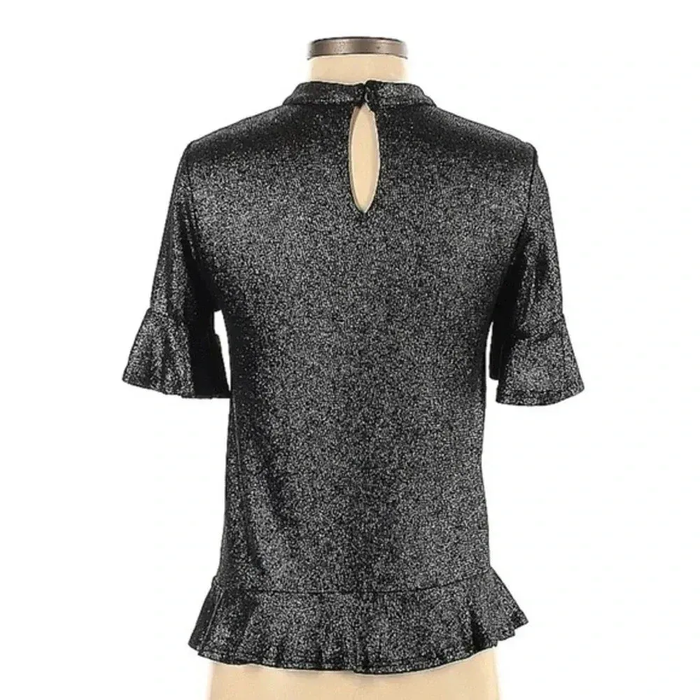 Lucky Brand | Metallic Silver Keyhole Cutout Choker Ruffle Blouse Size XS - Image 3