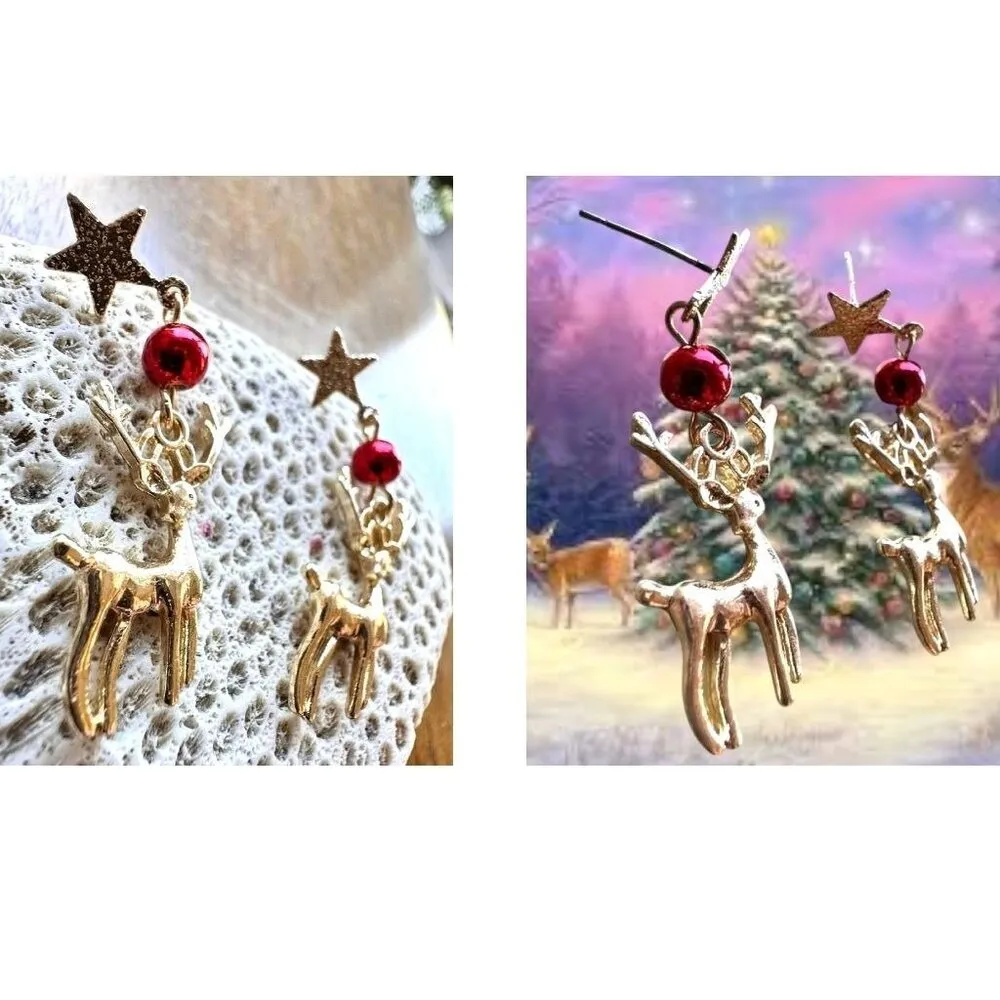 Reindeer Earrings Rudolph New Festive Christmas Eve Party Star Dangle Ho… Gold - Image 7