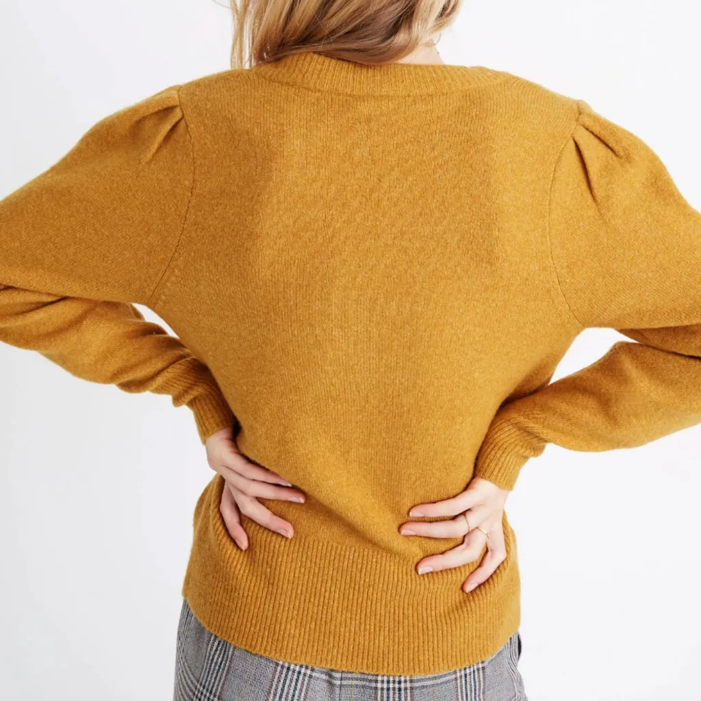 MADEWELL Westgate V-Neck Sweater Mustard Yellow Pleated Pleat Cropped Crop WOOL - Image 4