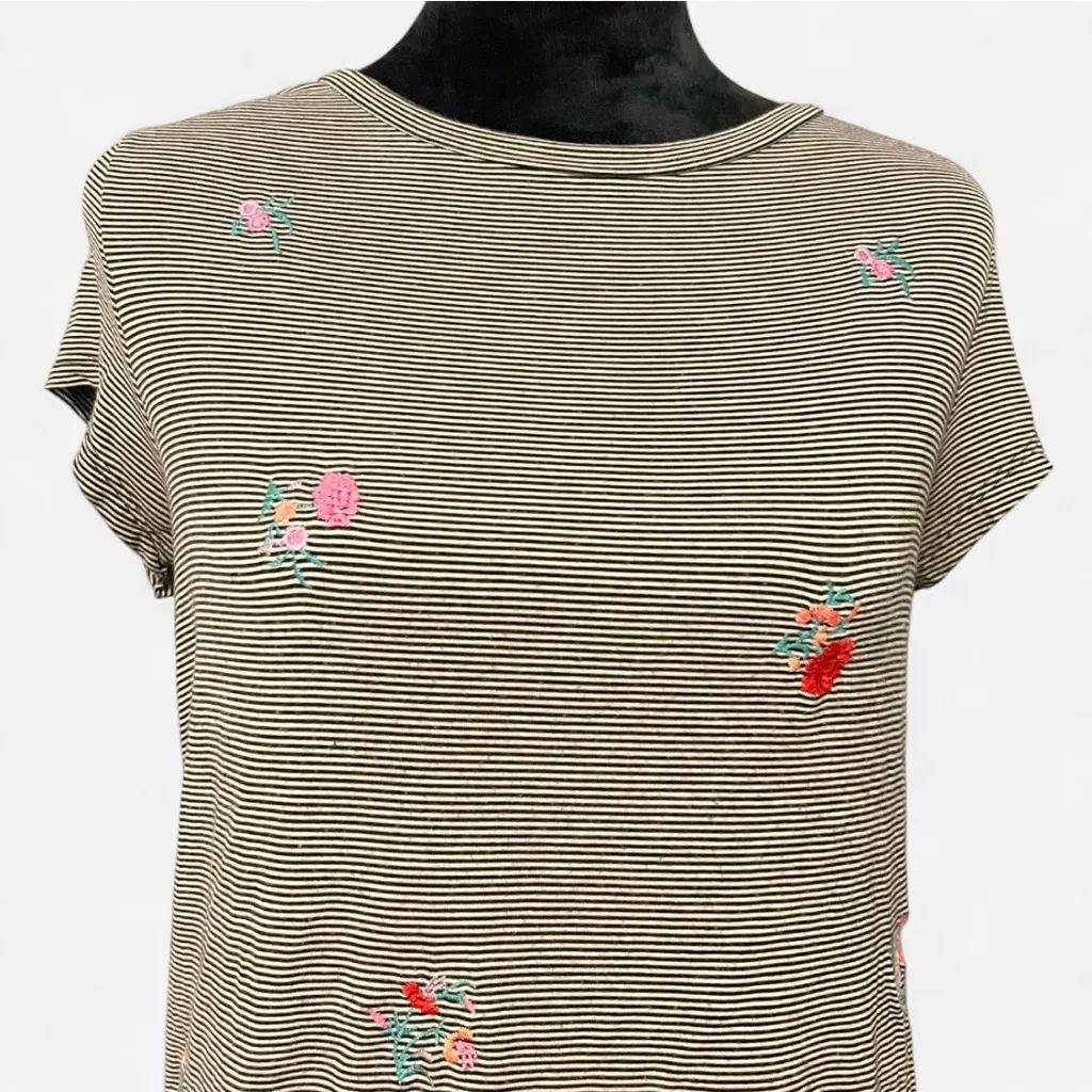 AEO Soft & Sexy Tee, Black & White Stripe with Floral Embroidery, Size Medium - Image 4