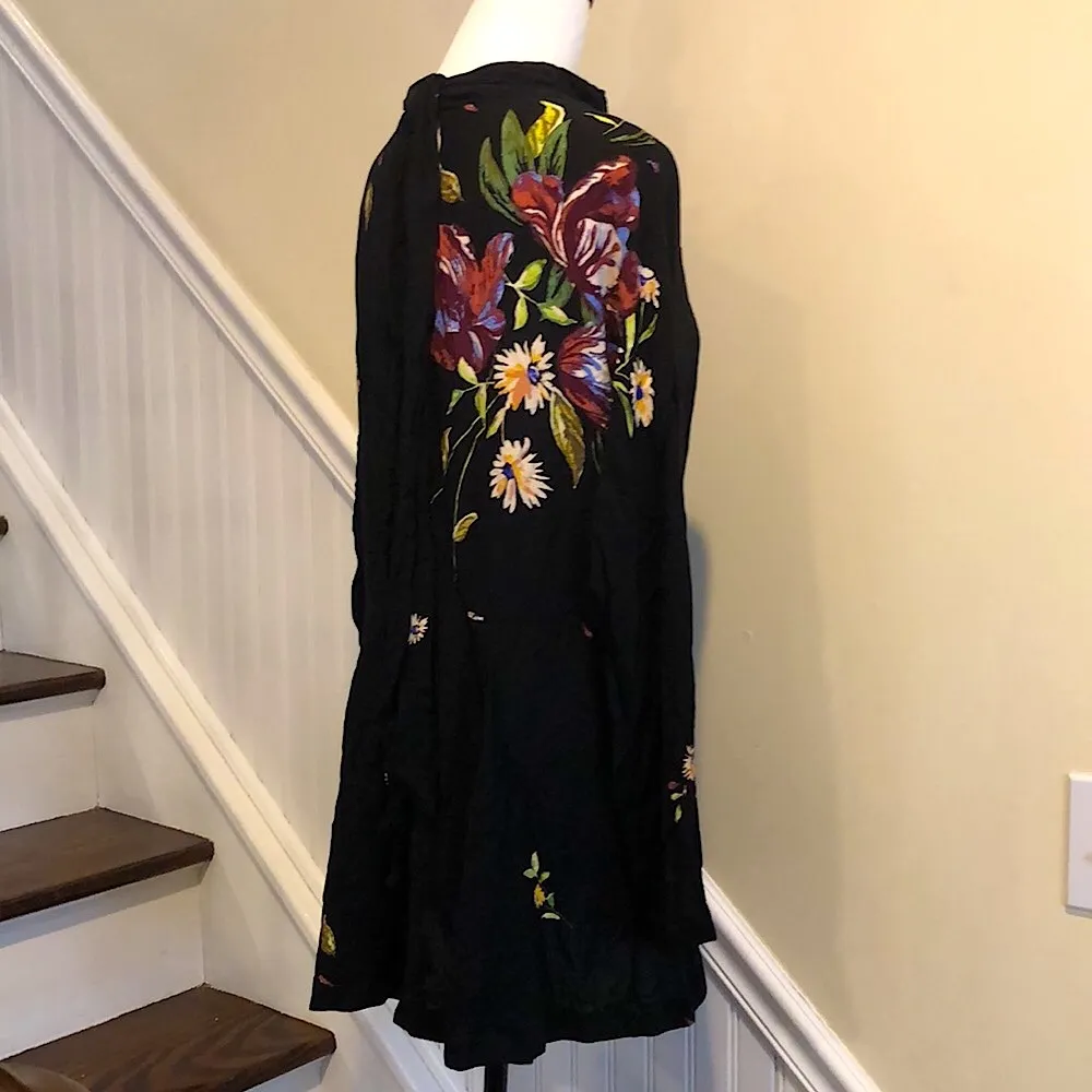 FREE PEOPLE Boho Chic Long Sleeve Black Floral MIni Dress Sz Medium NWT - Image 4
