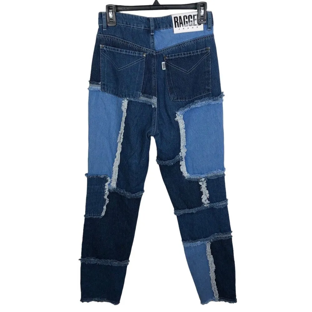 The Ragged Priest High Waisted Multi Blue Patchwork Denim Mom Jeans Size 28 - Image 3