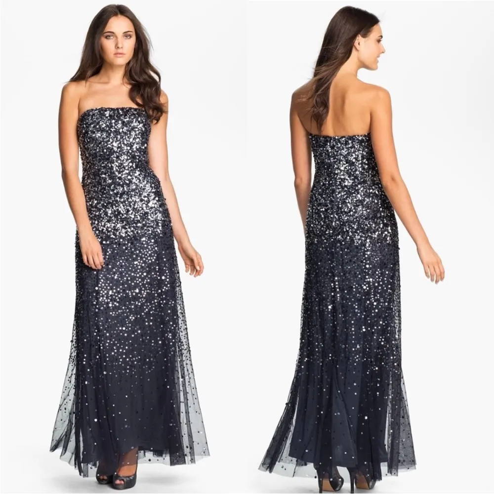 Adrianna Papell Black Sequined Strapless Mesh Gown 12 - Image 5