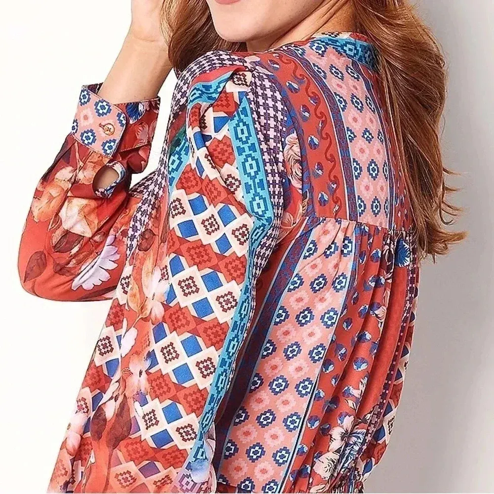 Tolani Collection Long-Sleeve Tunic Blouse with Tie Rust Bohemian Floral Size XS - Image 3