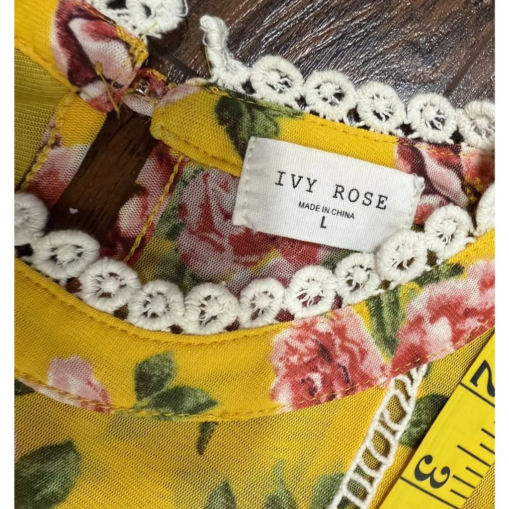Ivy Rose Size L Womens Floral Yellow Pink Ruffle Top Lace Trim Summer Tunic Size L - Image 7