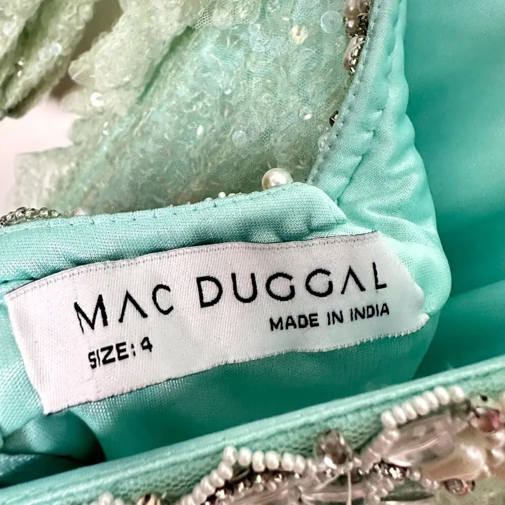 MAC DUGGAL Sequined Faux Wrap Cut Out Puff Sleeve Gown in Soft Mint Size US 4 - Image 6