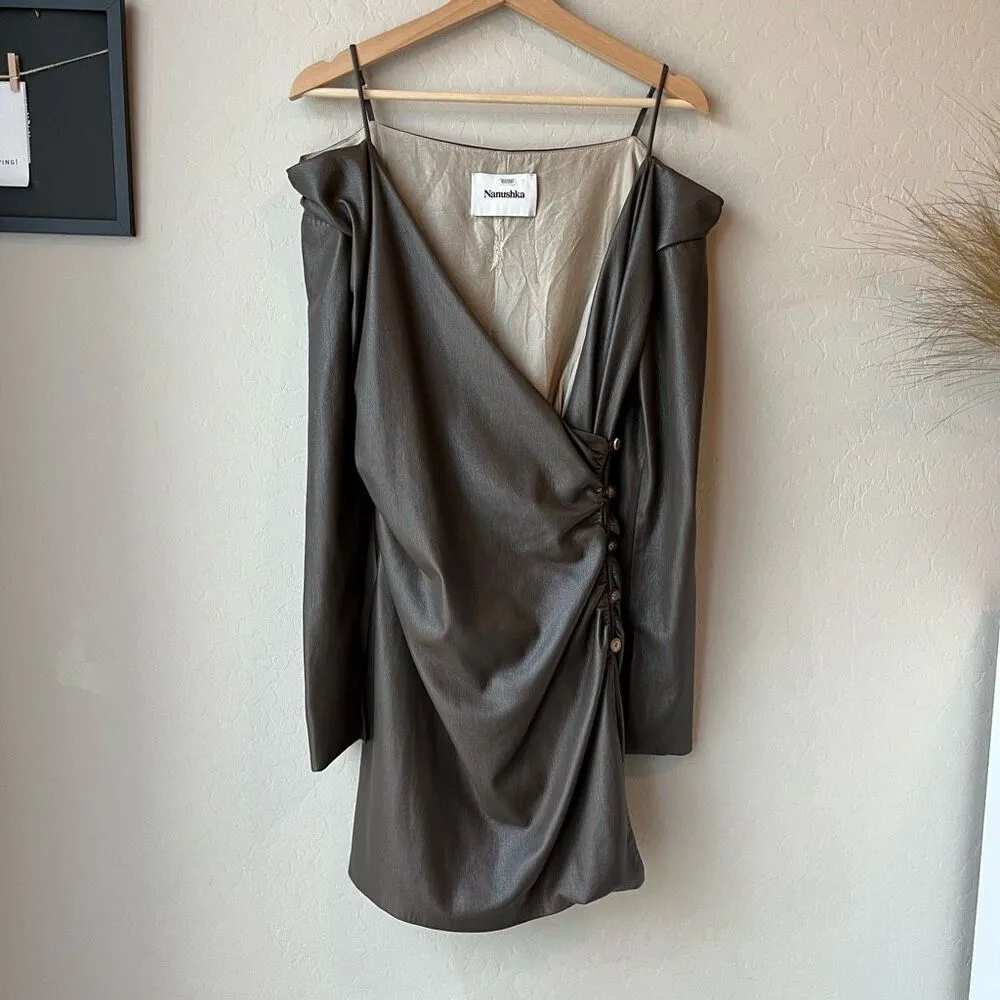 Nanushka Surplice‎ Cold Shoulder Brown Faux Leather Mini Dress Size Medium - Image 3