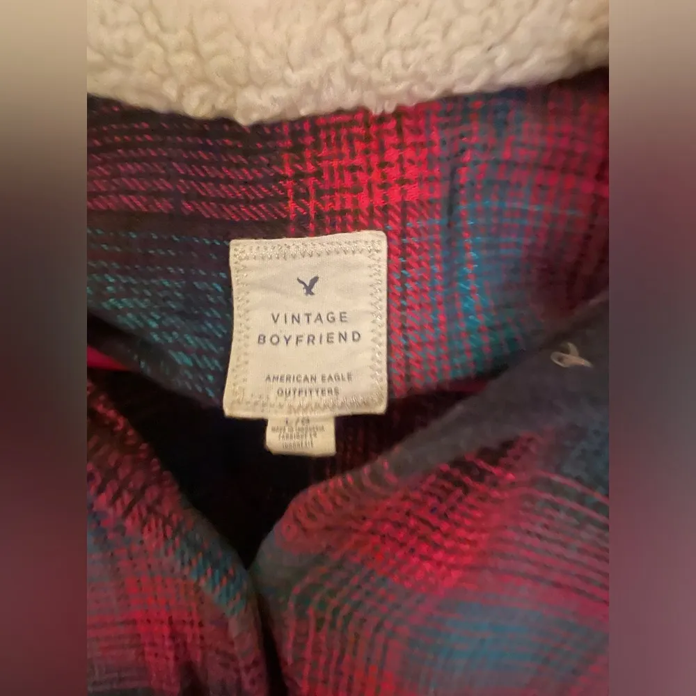 American Eagle Flannel Button Sherpa Red Vintage Boyfriend Hoodie - Image 3