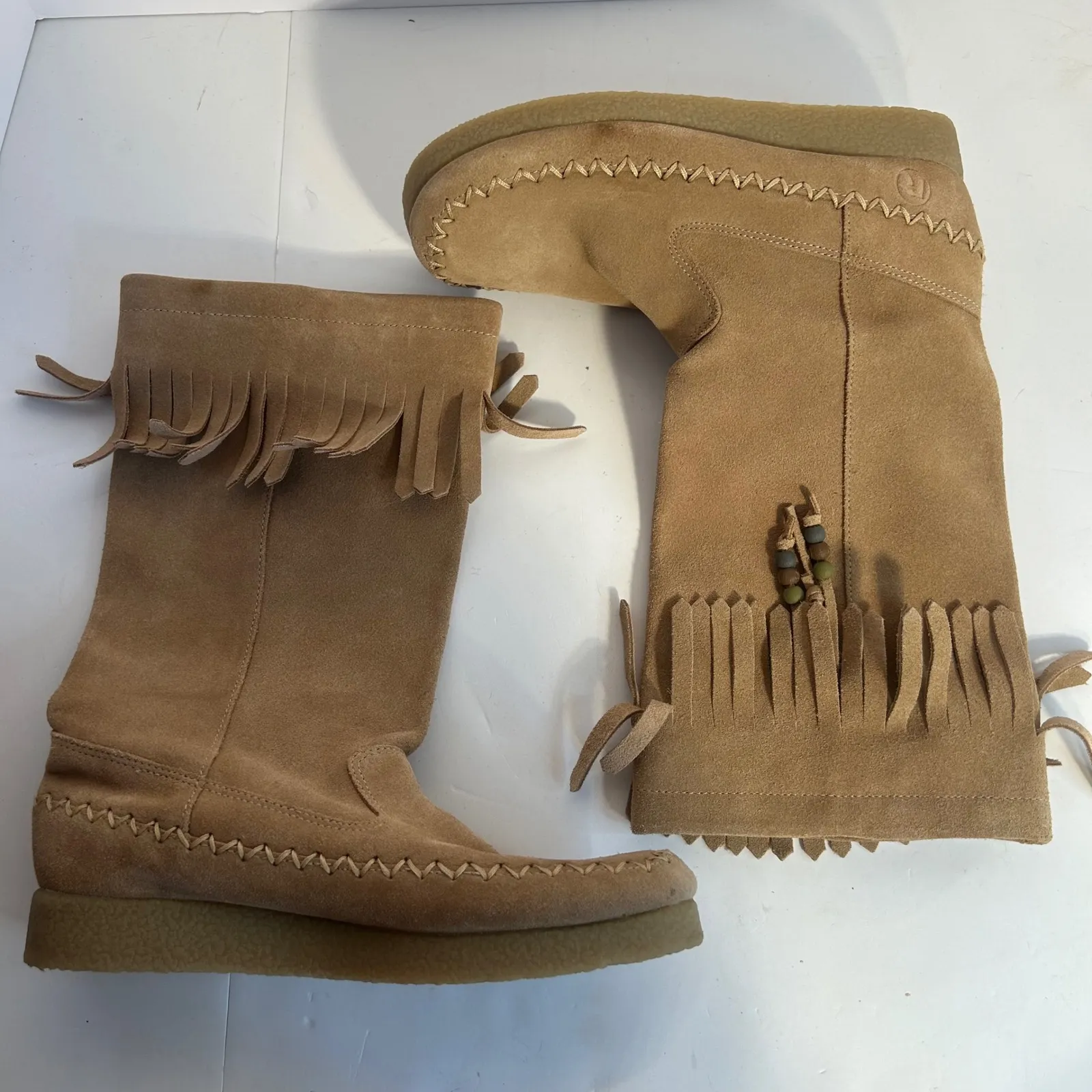 Report Dubai Suede Fringe Tall Boots Tan Moccasin Style Women's Size 7.5 - Image 8